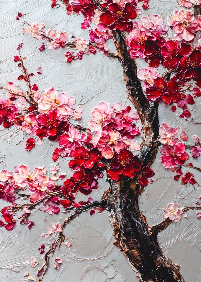 Textured Cherry Blossom Impasto Painting
