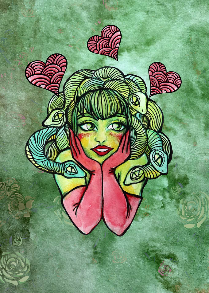 Medusa with Snakes and Hearts