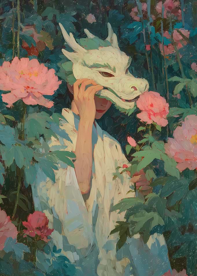 Woman in Dragon Mask Among Flowers