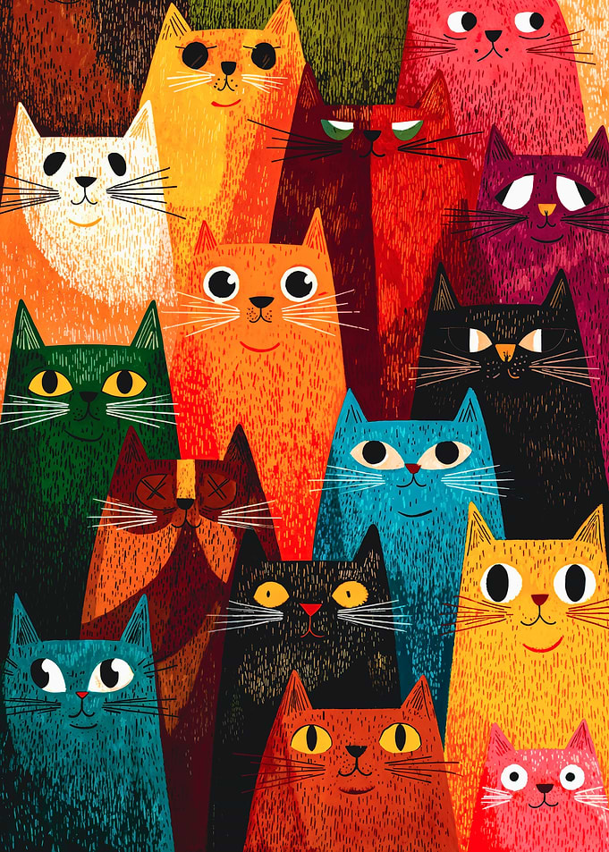Vibrant Textured Cat Crowd Illustration