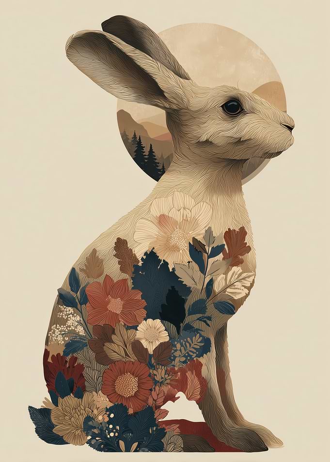Floral Rabbit with Moon and Mountains