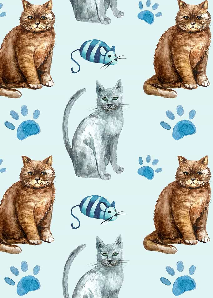 Watercolor Cats and Toys Pattern