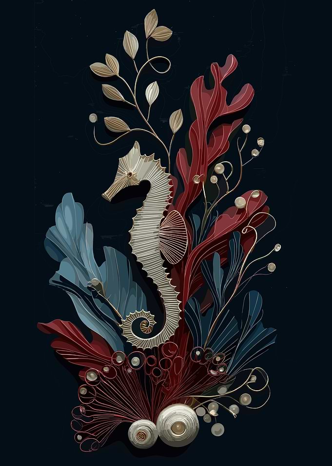 Seahorse with Coral and Seaweed