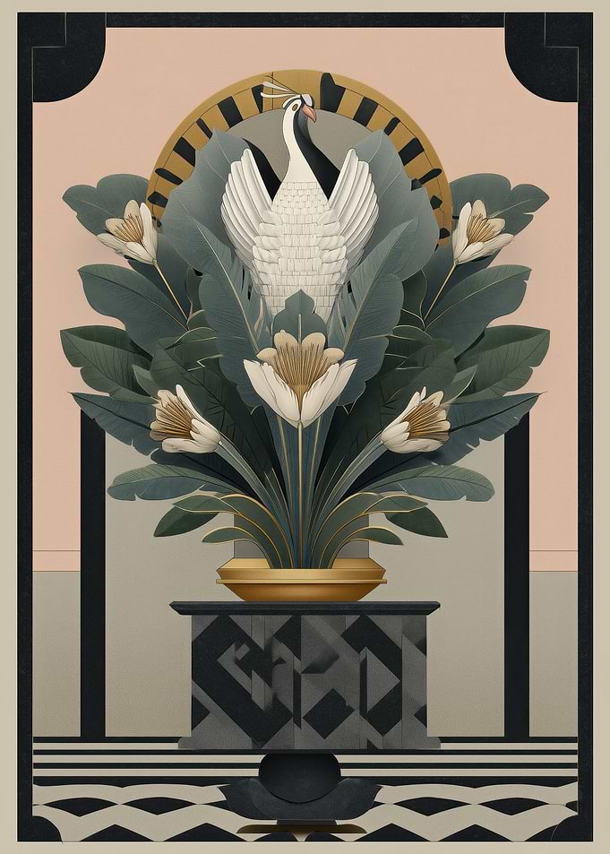 Elegant Peacock and Floral Art Deco Arrangement