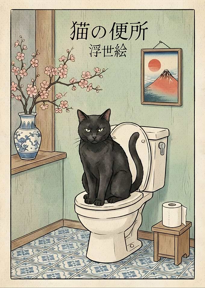 Japanese Black Cat on Toilet with Cherry Blossoms
