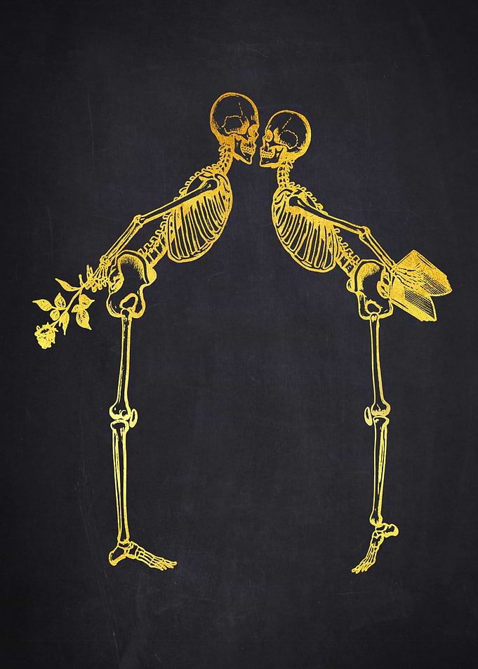 Golden Skeletons Kissing with Rose