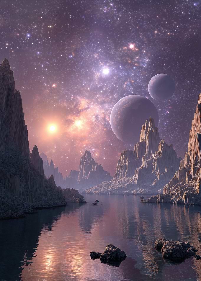Alien Planet Landscape with Planets and Stars