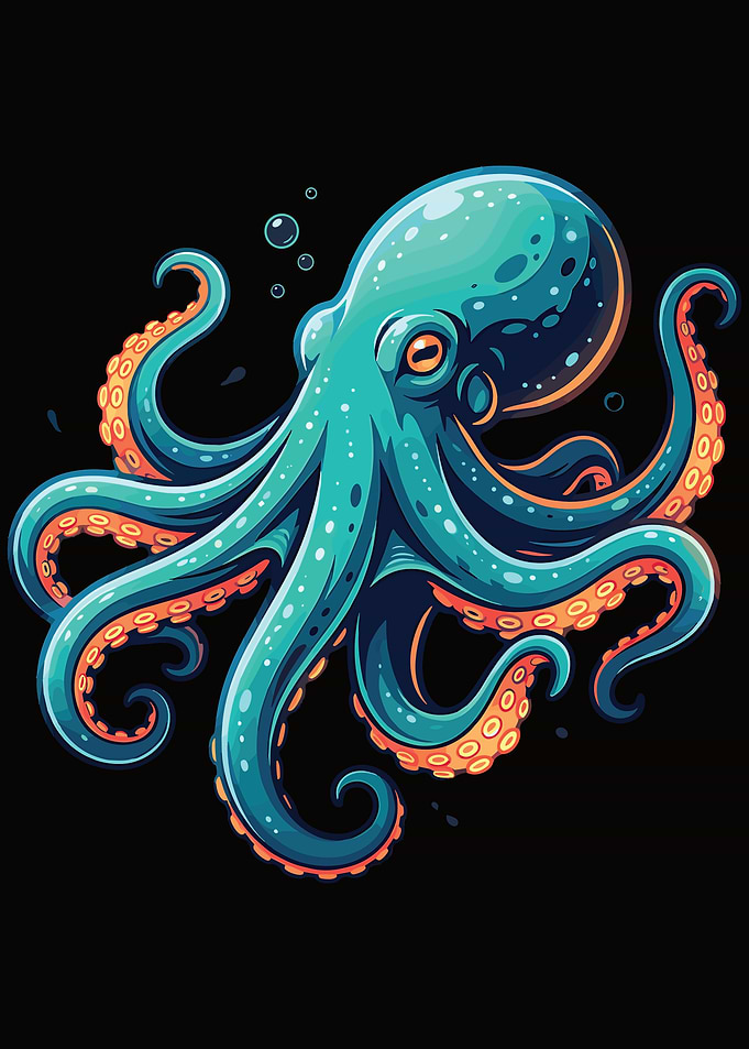 Stylized Teal Octopus with Orange Tentacles