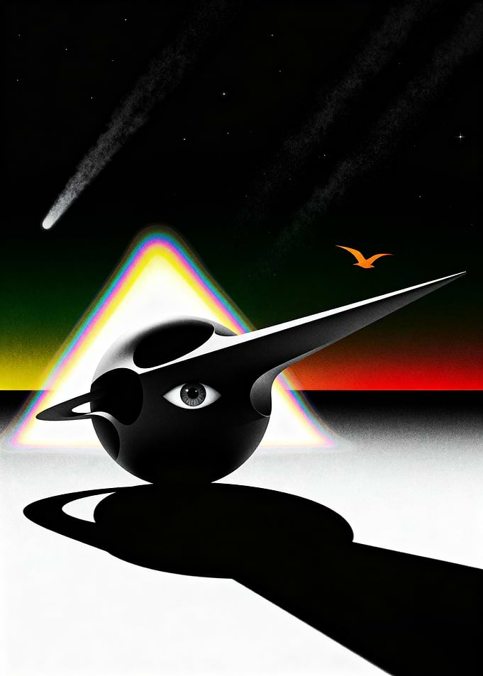 Surreal Bird-like Creature in Cosmic Landscape