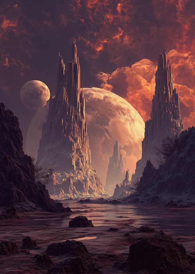 Alien Landscape with Towering Structures and Planets