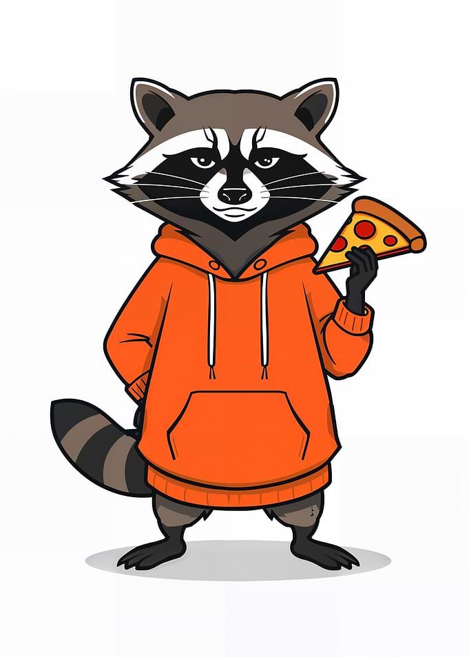 Mischievous Raccoon Pizza Art – Cute Streetwear Cartoon Character