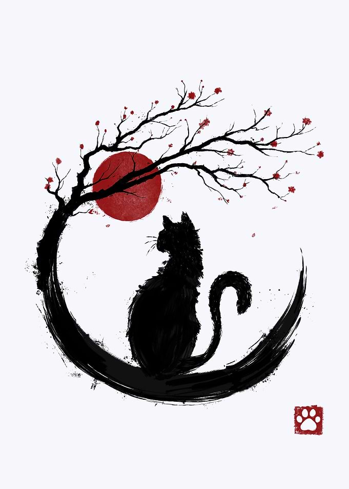 Black Cat Under Cherry Blossoms