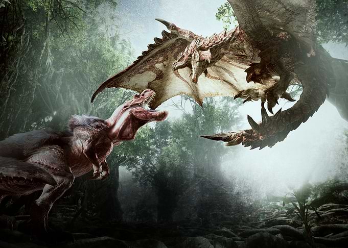Dinosaur and Dragon Battle in Forest