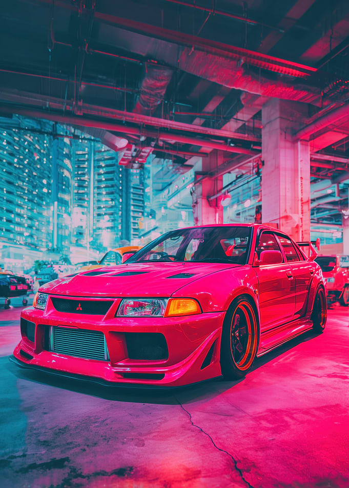 Red Mitsubishi Lancer Evolution VII in Neon City