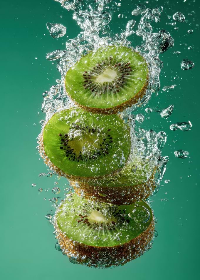 Kiwi Slices Dropping in Water