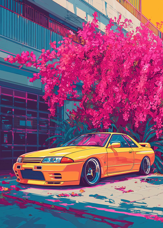 Yellow Sports Car Under Pink Blossoms