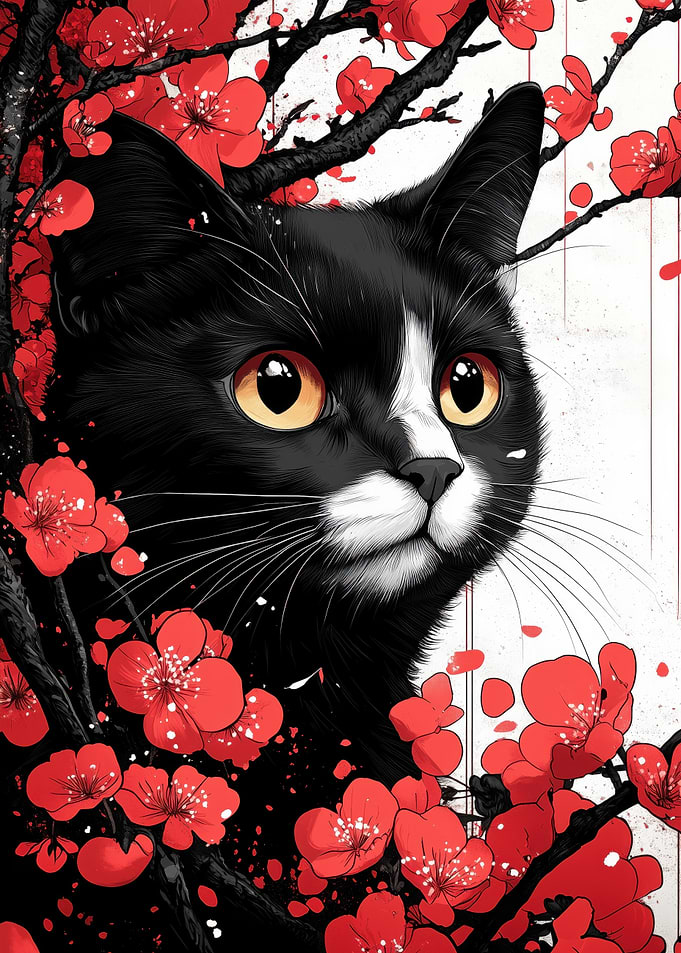 Black Cat Among Red Flowers