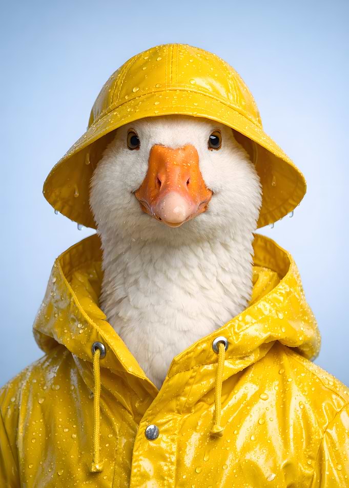 Goose in a Yellow Raincoat and Hat