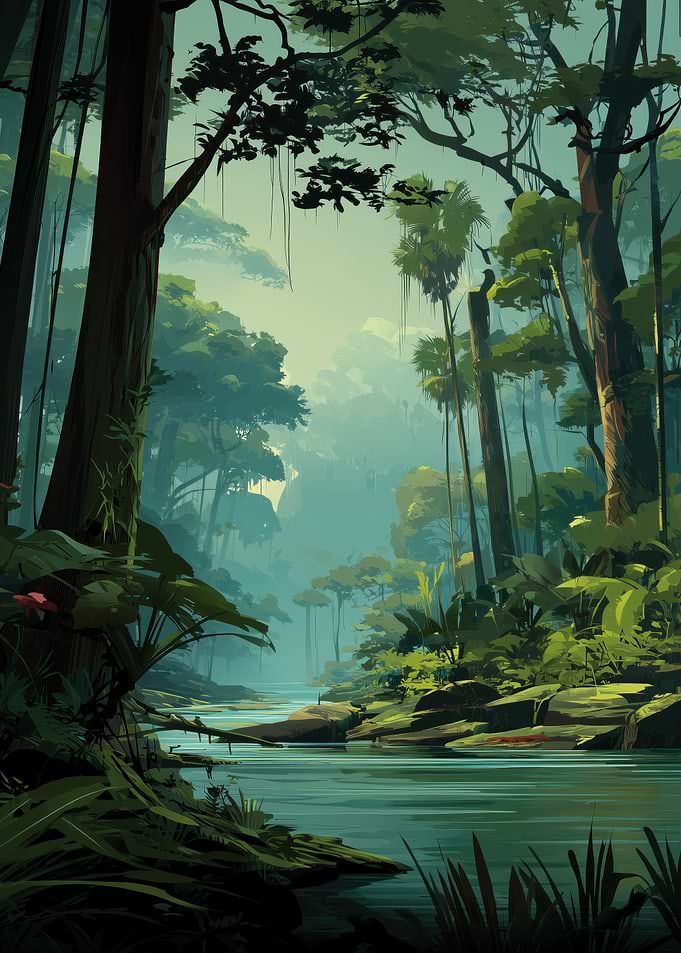 Misty Jungle River Landscape