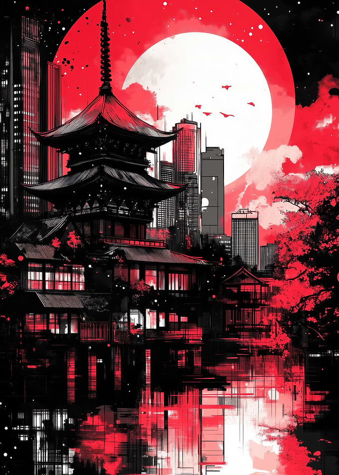 Pagoda Cityscape with Red Moon