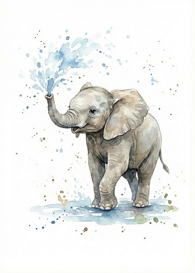 Baby elephant spraying water