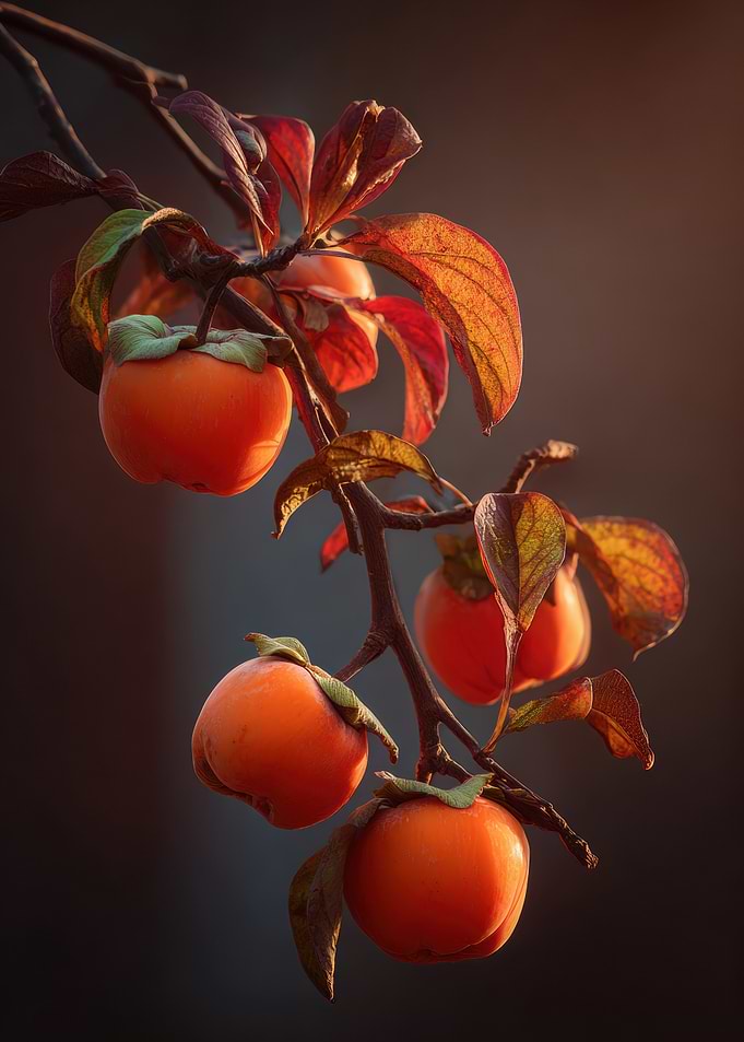 Persimmons on a branch in autumn