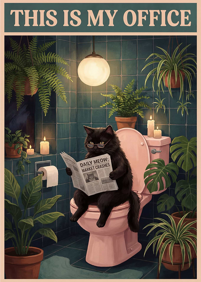 Cat reading newspaper in bathroom