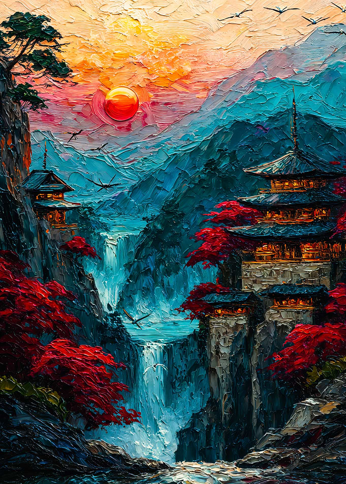 Vibrant Japanese Temple Waterfall Painting