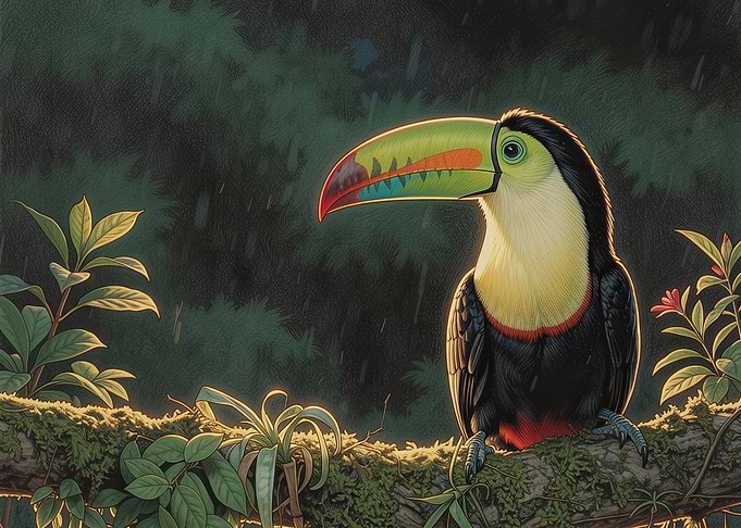 Toucan perched on a mossy branch in the rainforest