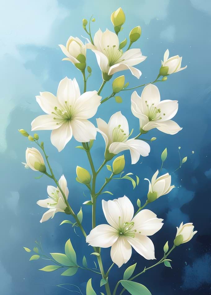 White Flowers on Blue Background