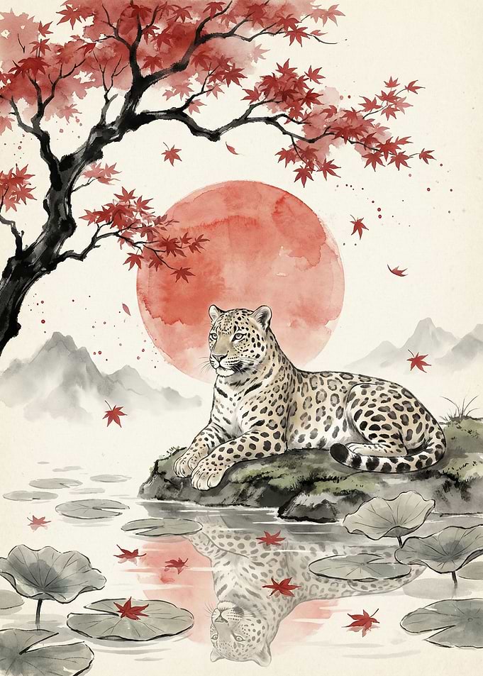 Leopard by a Red Sun and Maple Tree