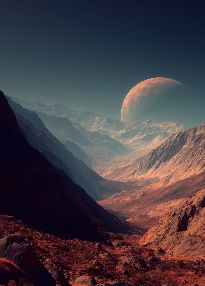 Alien Planet Landscape with Large Moon