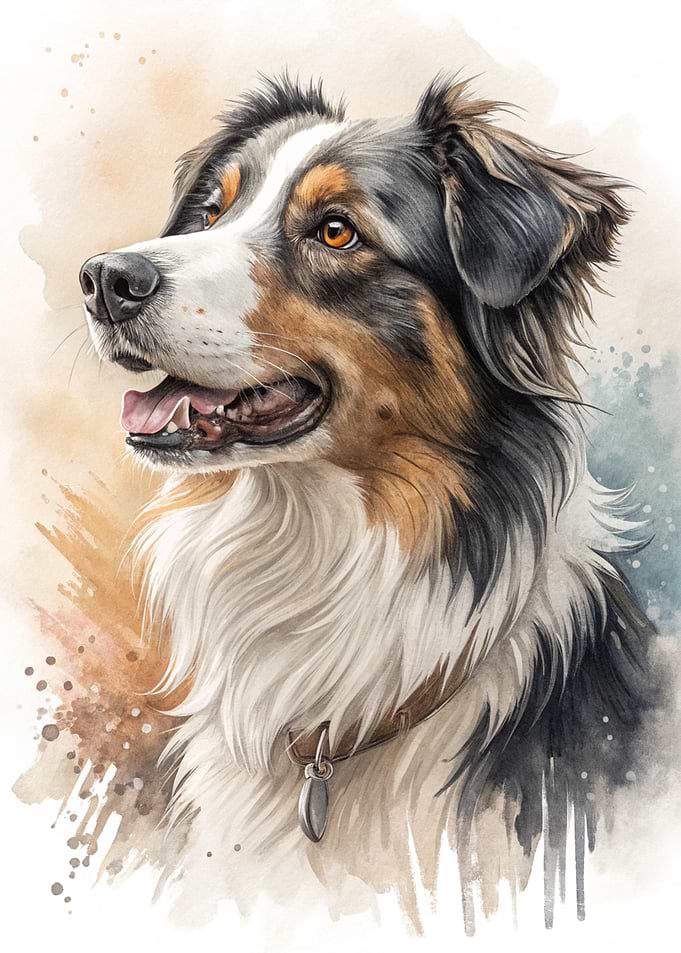 Watercolor Portrait of an Australian Shepherd