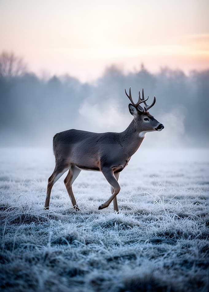 Deer in a frosty field at sunrise
