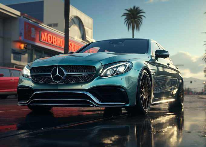 Mercedes AMG C63 on Wet Street