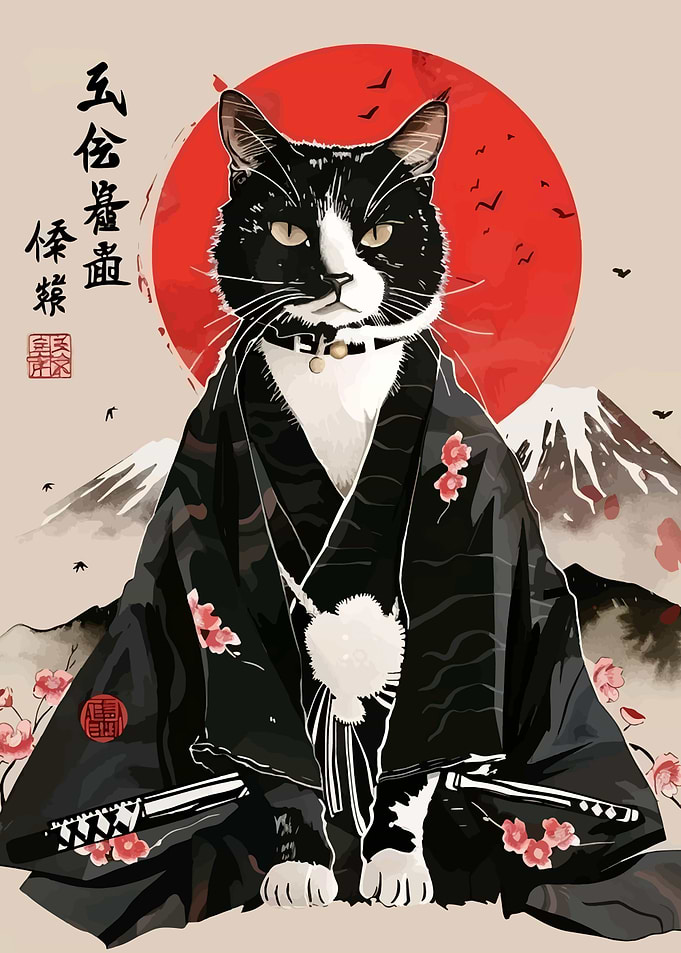 Samurai Cat with Mount Fuji