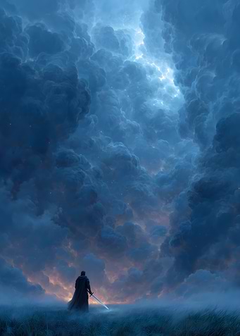 Warrior with glowing sword in stormy clouds