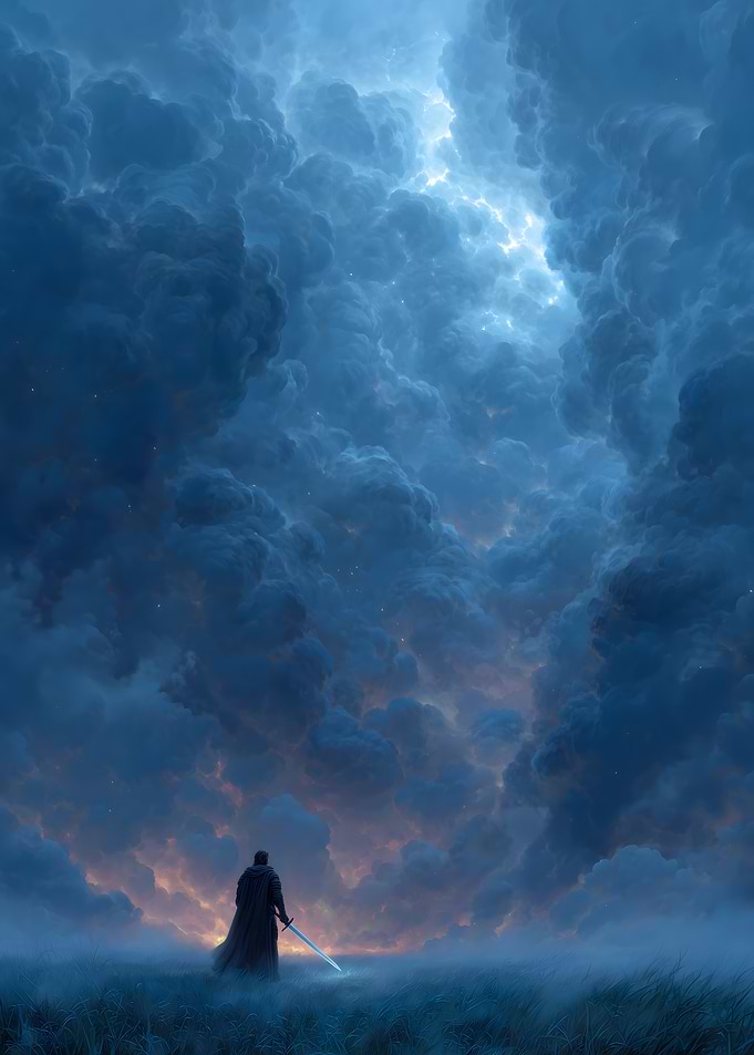 Warrior with glowing sword in stormy clouds