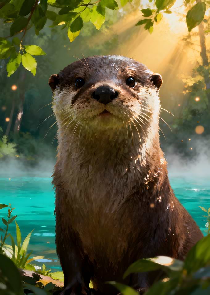 Otter in a sunlit forest stream