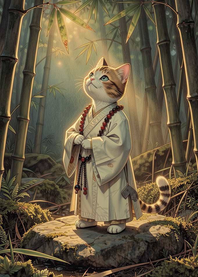 Zen Cat in Bamboo Forest