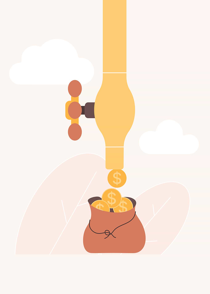 Money pouring from a tap into a bag