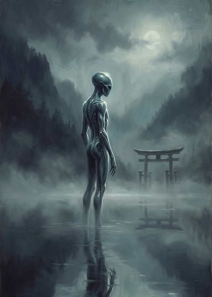 Alien in a Misty Japanese Landscape
