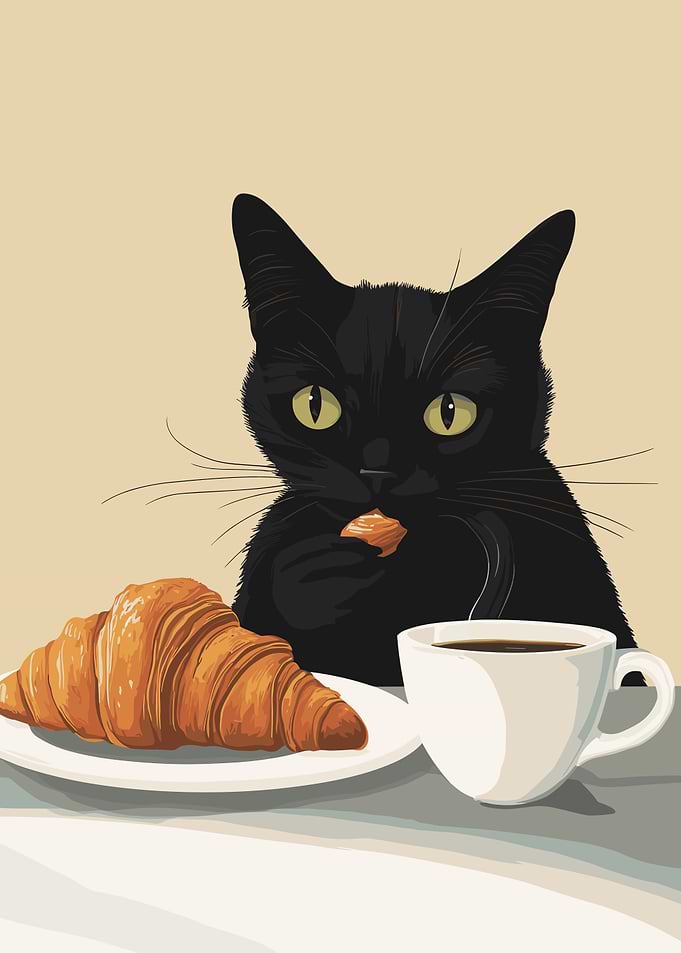 Black cat eating croissant with coffee