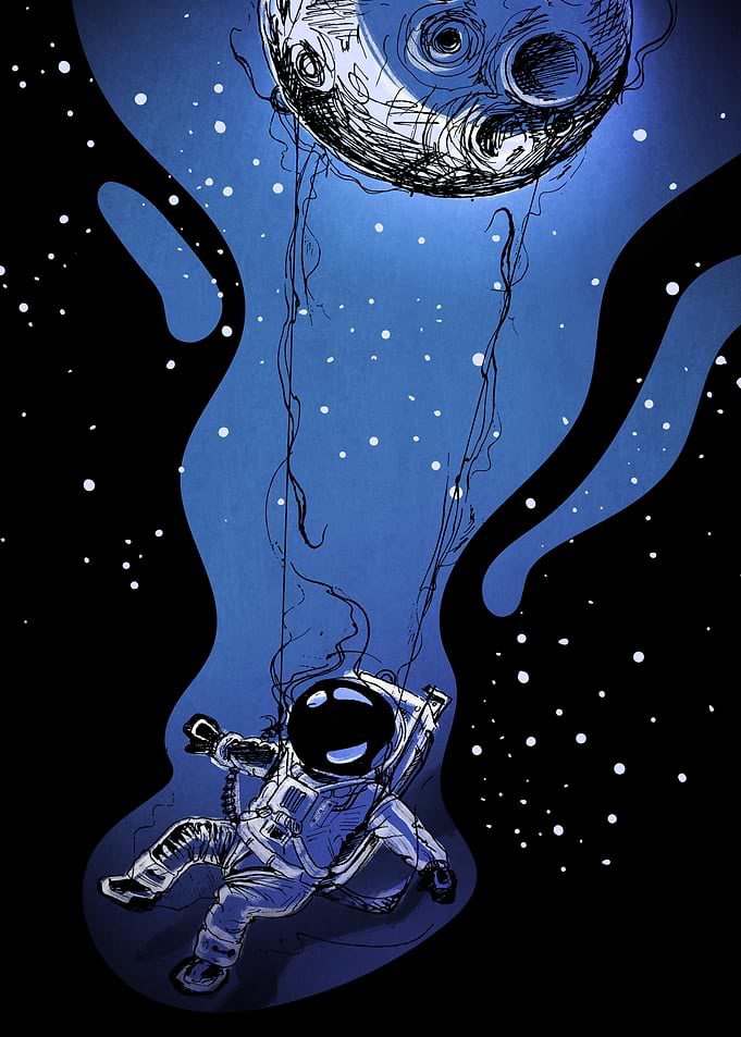 Astronaut floating in space with moon