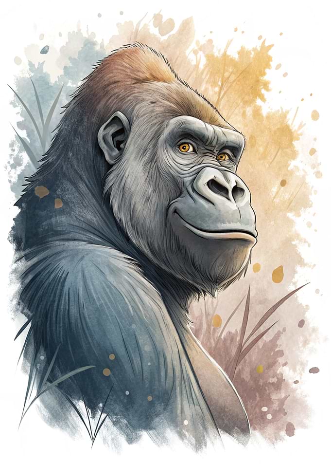 Gorilla Portrait with Watercolor Background