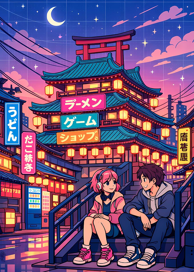 Anime Couple in Japanese Cityscape
