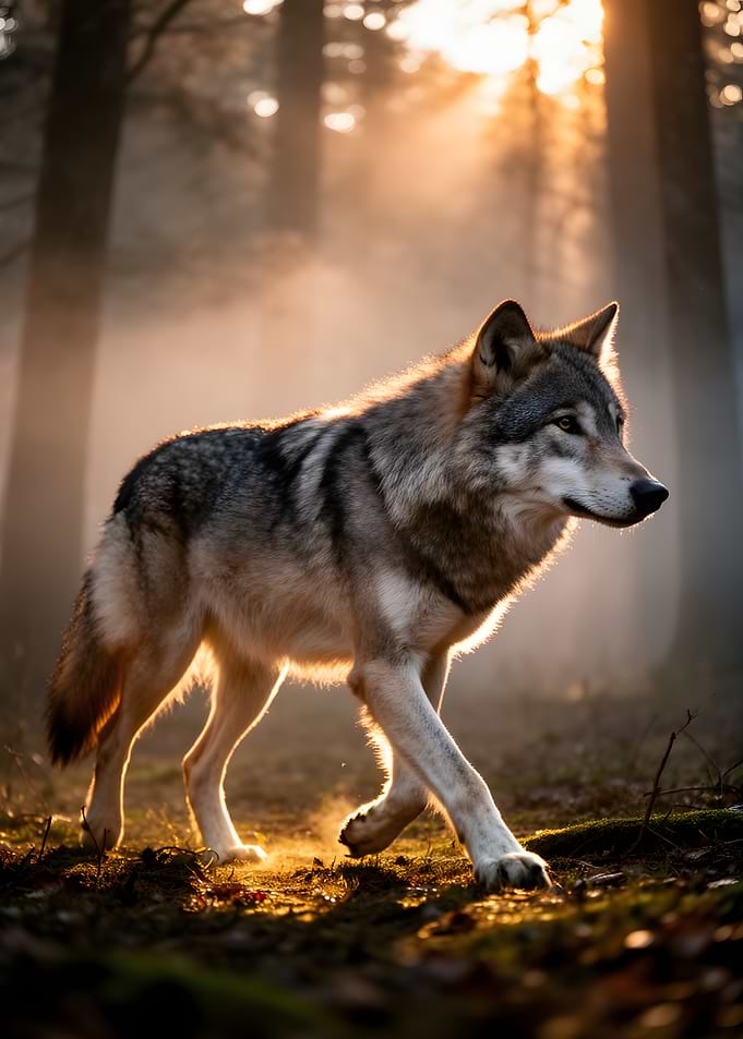 Wolf walking in a misty forest at sunrise