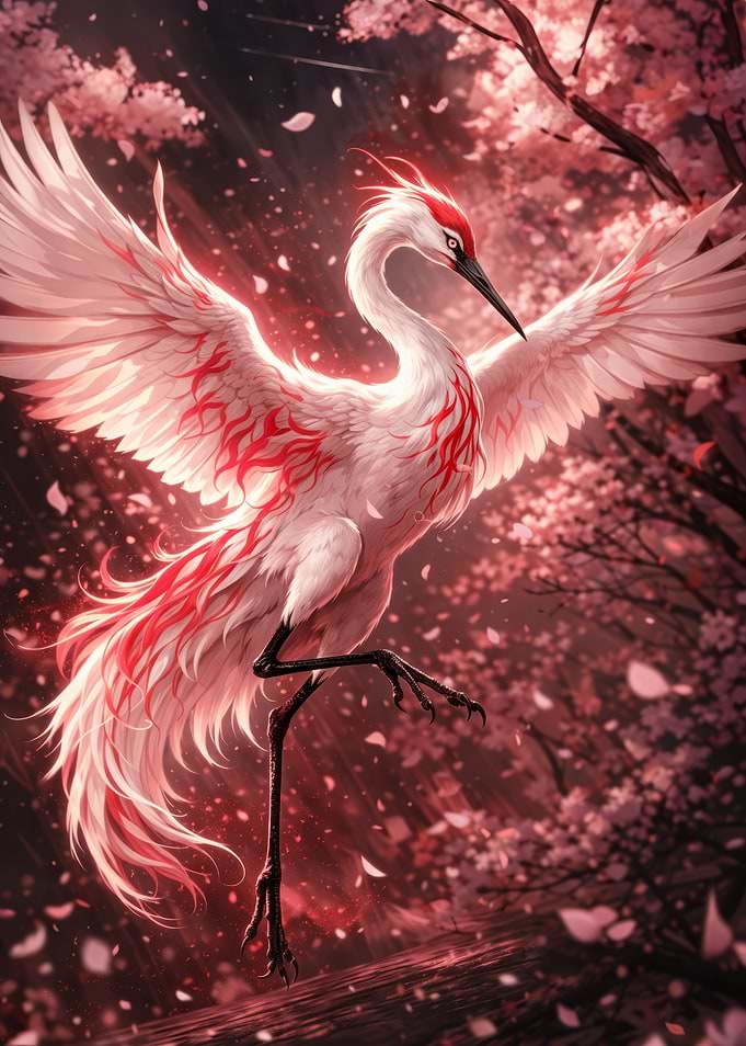 Red-Crested Crane in Cherry Blossoms