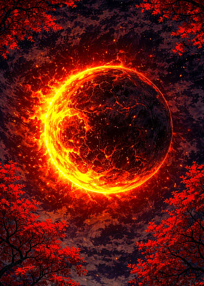Fiery Planet with Red Maple Trees