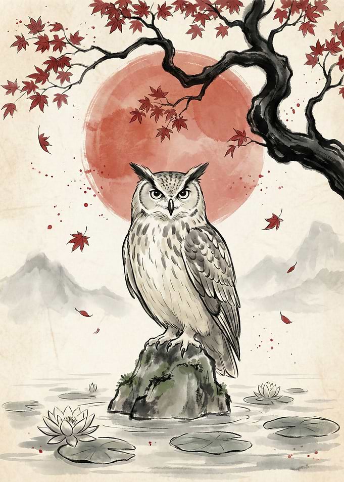 Owl in Japanese ink painting style